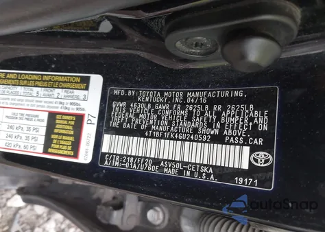 2016 Toyota Camry Se из США, поврежденный, VIN 4T1BF1FK4GU240592